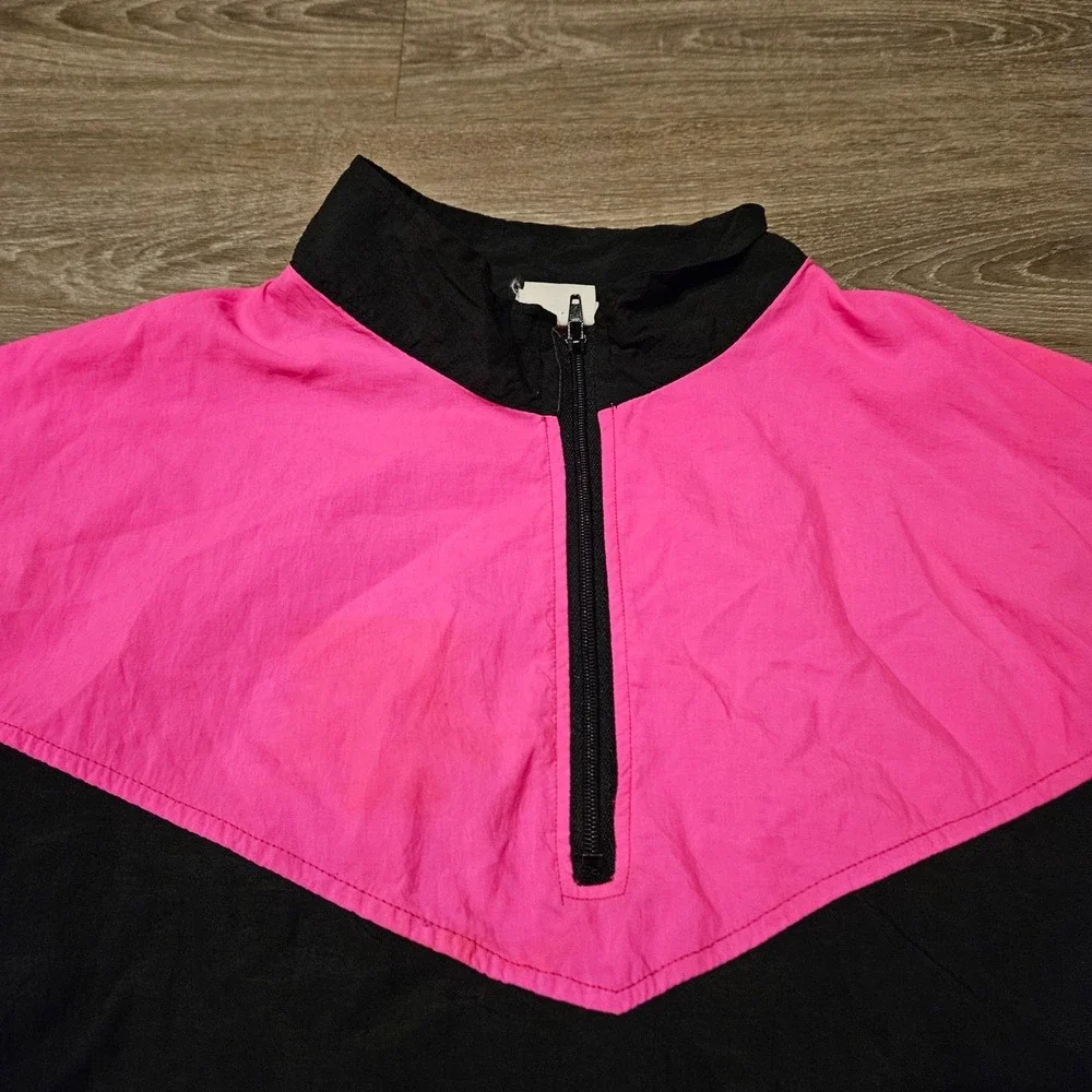 Vintage Surf Style Neon Pink Black Colorblock 1/4 Zip Windbreaker Jacket One Sz - Picture 2 of 14